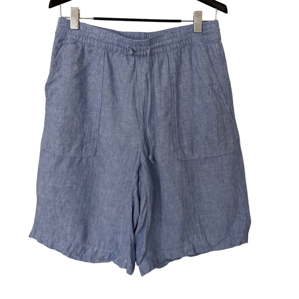 Lands End Womens Blue 100% Linen High Rise Elastic Waist Shorts Size M 10-12